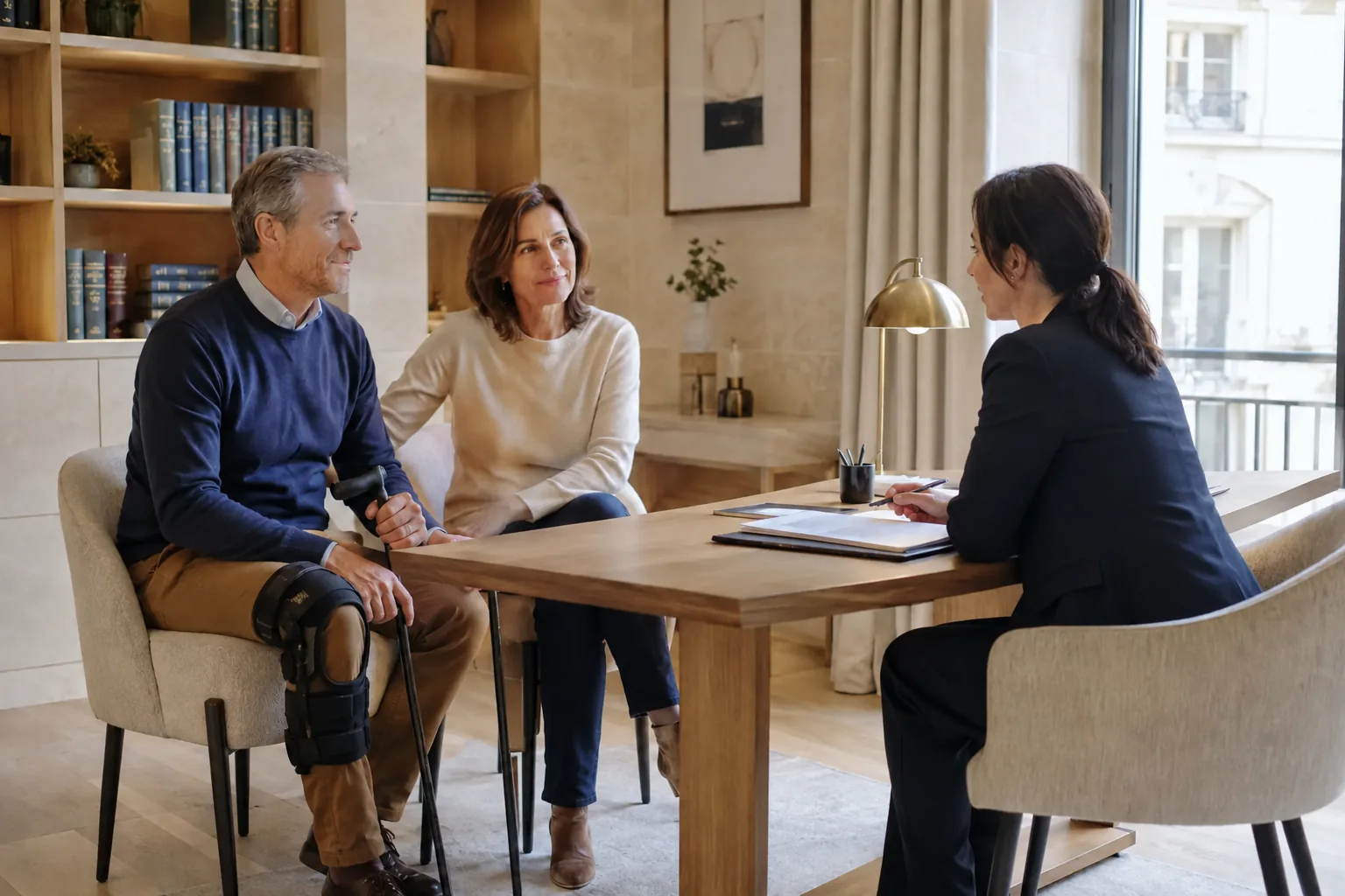 Me Cédrine Raybaud recevant une victime et son proche au cabinet